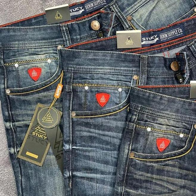 Stucy Fading Spray Regullerfit Selvedge Accent Jeans Celana Cowok Premium