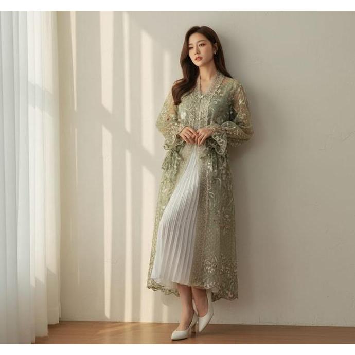 Outer Tile Rensi Bahan Tile Two Tone Atasan Bordir Wanita Kancing TM