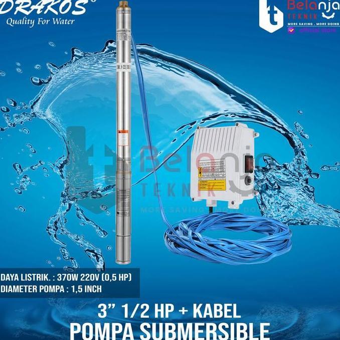 Drakos Submersible Pump 3Inch 1/2Hp Pompa Air Satelit Celup Dan Kabel