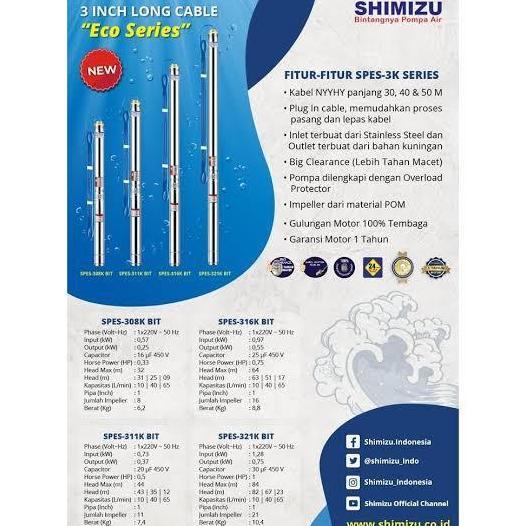 Submersible Pump Shimizu Spes-316K Bit 0,75Hp 3" + Kabel Pompa Satelit