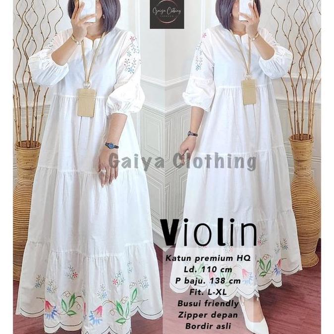 New Gamis Jumbo Wanita Katun Bordir Edisi Khusus Putih Gamis Bordir Ld. 110 - Violin / Vanila Dress 