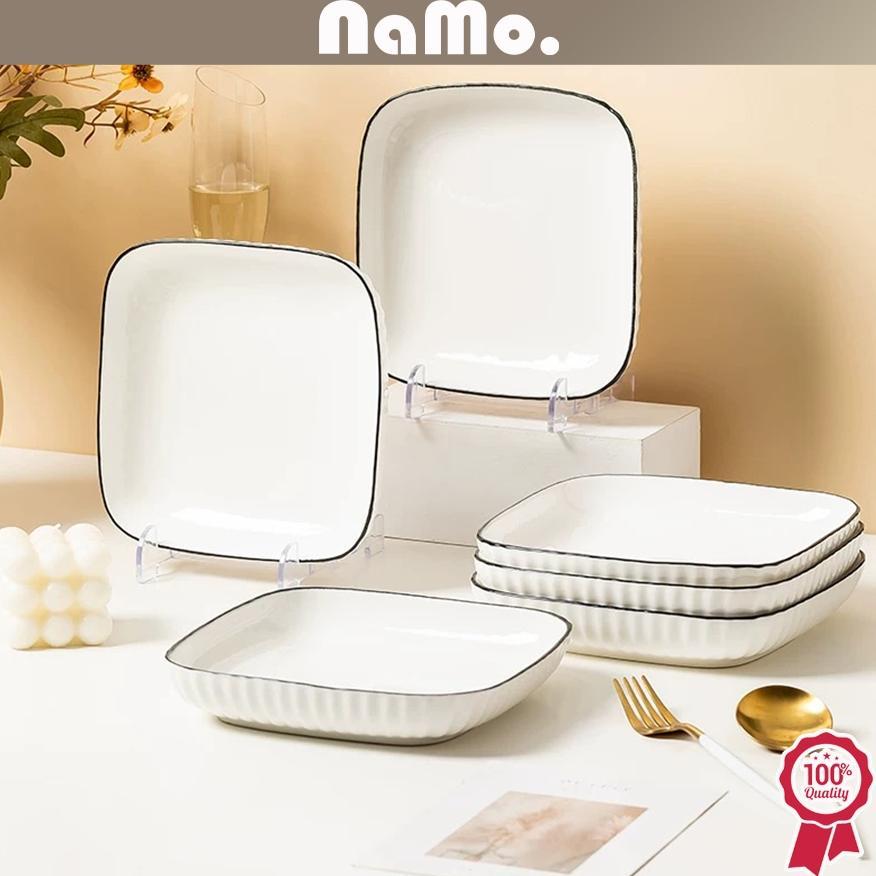 Flash Sale Namo Gift - Piring Makan Kotak Keramik Putih List Black Yamada Style/ Piring Persegi Japa