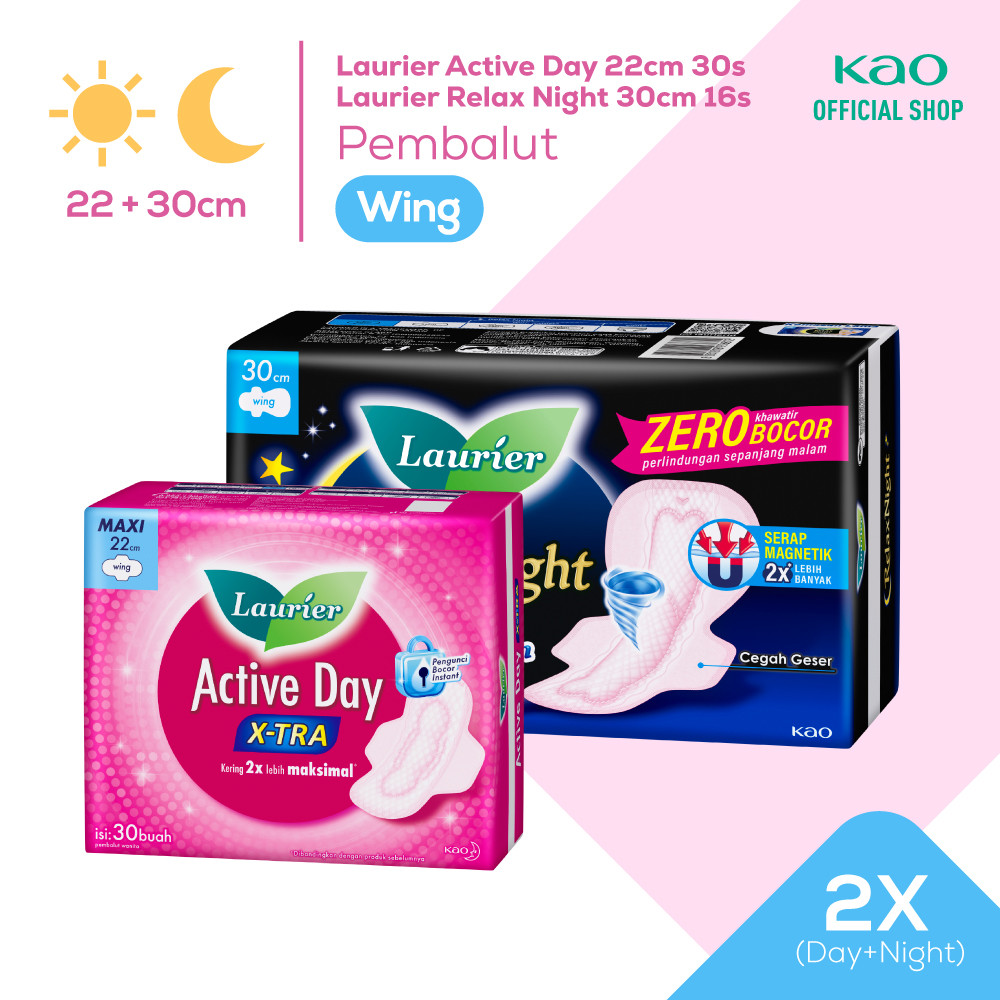 Laurier Relax Night + Active Day X-Tra Pembalut Wanita Day & Night 30cm Wing + 22cm Wing Isi 16 Buah