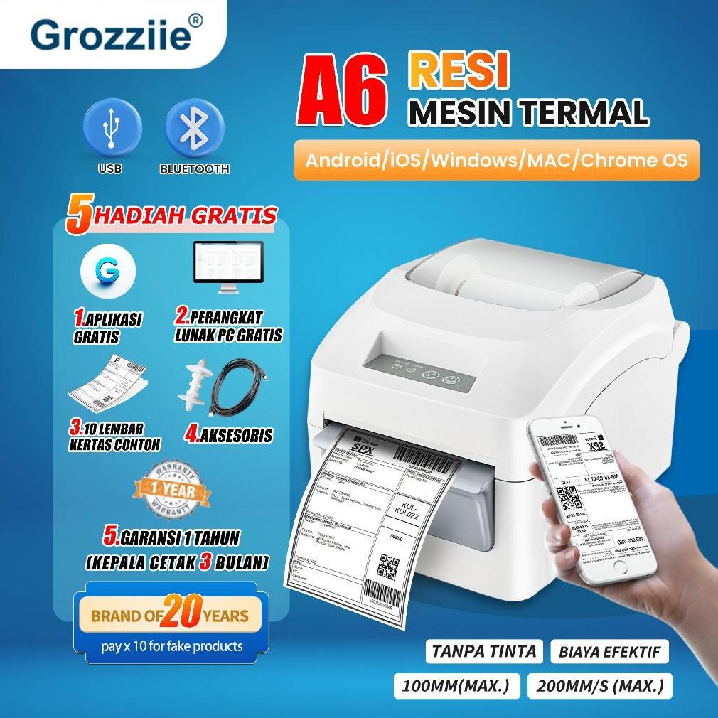 GROZZIIE Printer Thermal A6/A7 | Printer Resi Waybill & Barcode | Bluetooth iOS Android terlaris