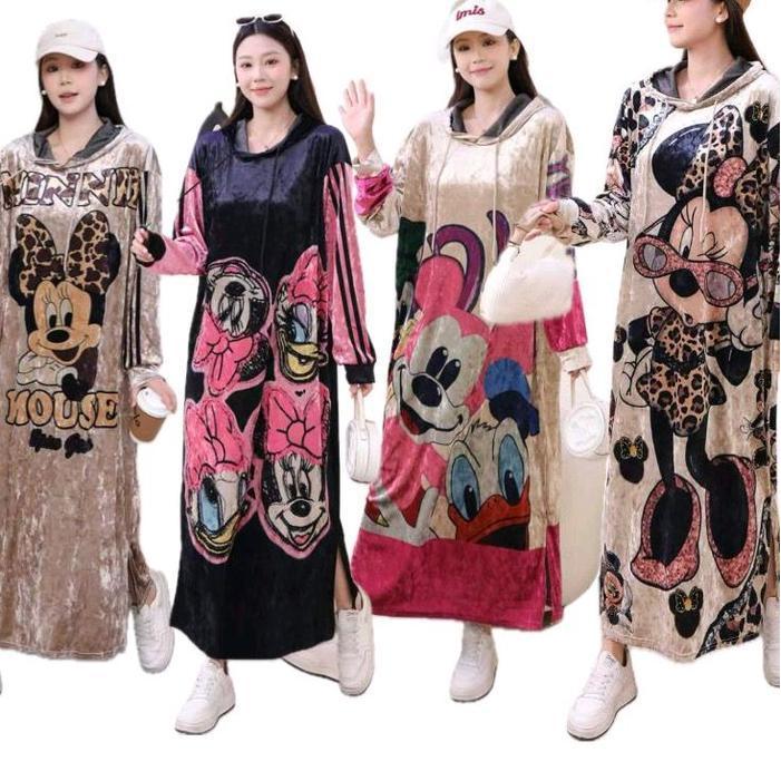 Bisa Cod - Long Dress Velvet Bludru Lengan Panjang Motif Jumbo Wanita