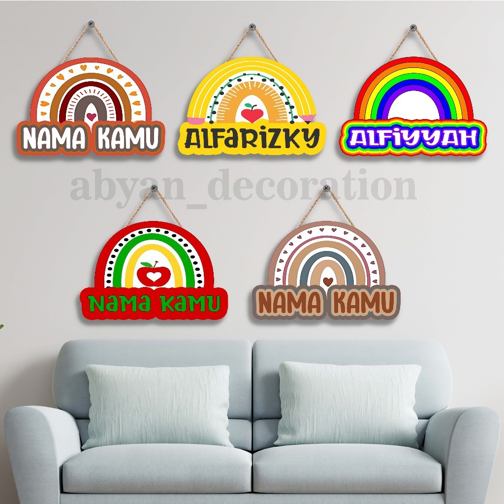 Custom Nama Ukiran Motif Rainbow Papan Gantungan Dekorasi Rumah Poster Kayu Wall Decor