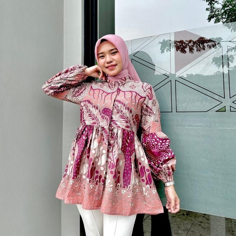 LIMITED RASARAYA BATIK CHAYA BLOUSE WANITA KATUN - ATASAN BATIK KERJA KANTOR SOFT PINK TANGAN BALON 
