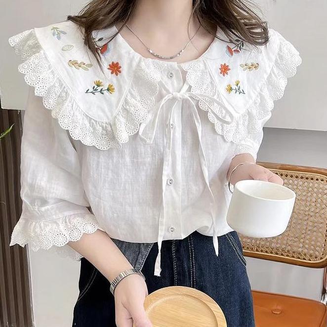 Blus Linen Premium Blus Linen Premium Pink Pink Putih Oversized Kerah Lebar Collar