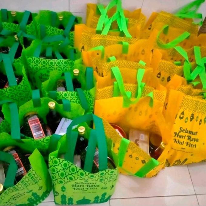 Avvolgere- Lusinan 12 Tas Goodie Bag Kantong Kain Spunbond Motif Lebaran Idul Fitri Uk 30X40X10 Cm C