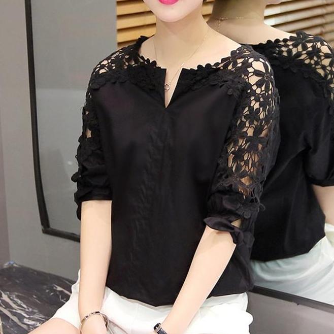 Blus Wanita Casual Blus Wanita Casual Lengan Putih Model Hollow Pendek Bahan Lace Warna Var8974