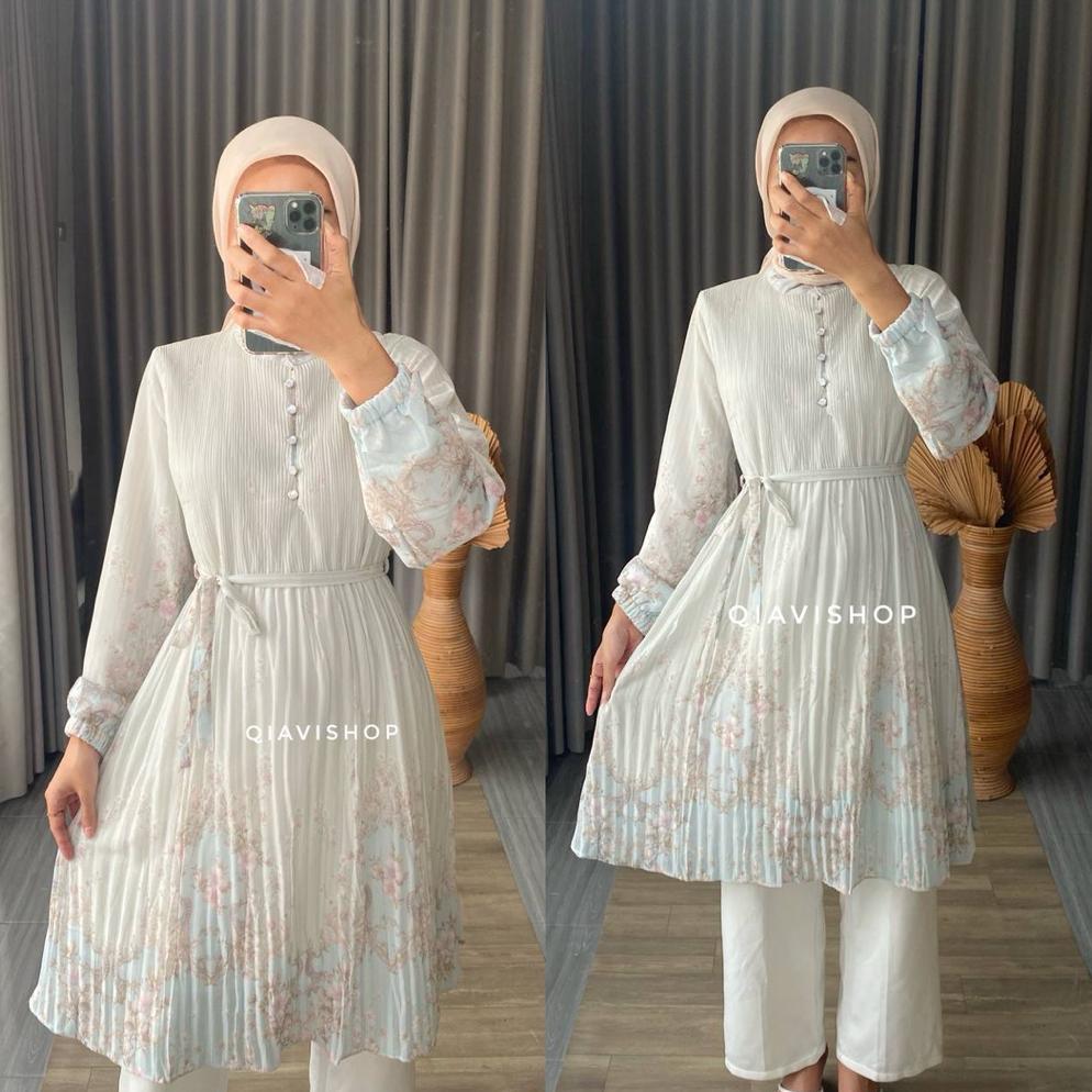 promo terbaru qiavi shop - revi tunik / tunic atasan plisket simple mewah motif cantik warna pastel 