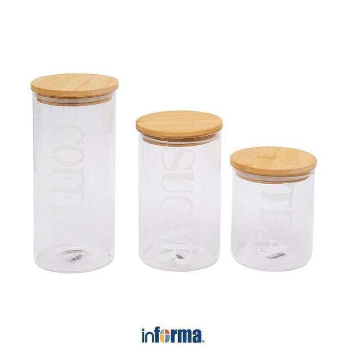 BONUS - Informa Set 3 Pcs Tanya Stoples Kaca Wadah Penyimpanan Bumbu Dapur Gula Pasir Kopi Bubuk Tem