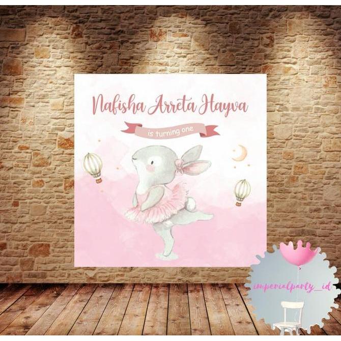Ready  Custom Backdrop Banner Spanduk Happy Birthday Rabbit Kelinci Balet