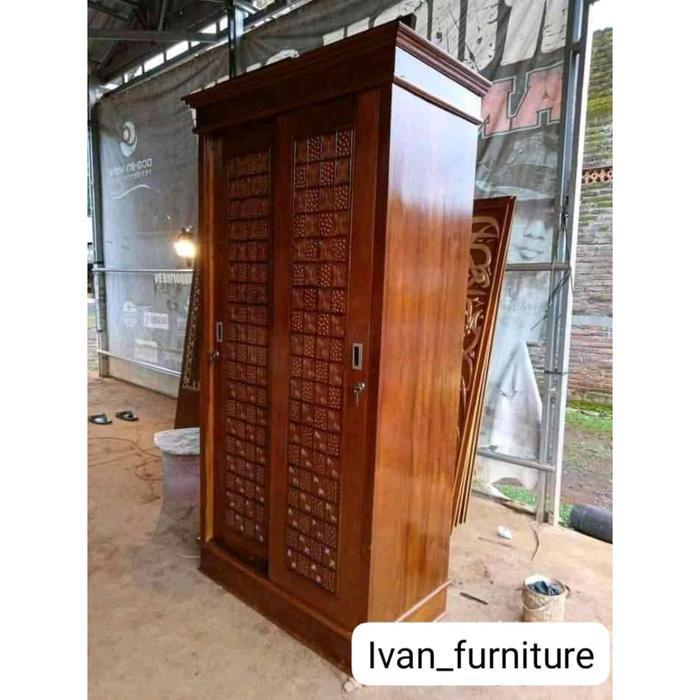 LEMARI PAKAIAN SLIDING JATI 2 PINTU , ALMARI SLIDING PINTU 2 JATI