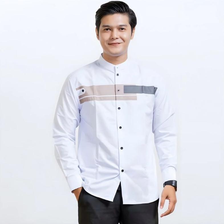PROMO BAJU KOKO PRIA HADROH KOMBINASI MOTIF YORDAN LENGAN PANJANG WARNA PUTIH M L XL XXL