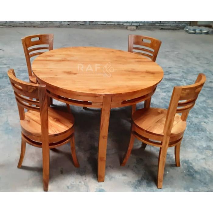 Meja Kursi Makan Cafe Bulat 4 Kursi Kayu Jati Murah