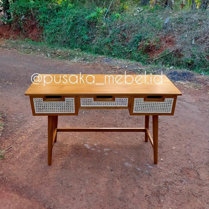 Meja Belajar Kayu Jati Minimalis, Meja Kerja Kayu Jati Kombinasi Rotan