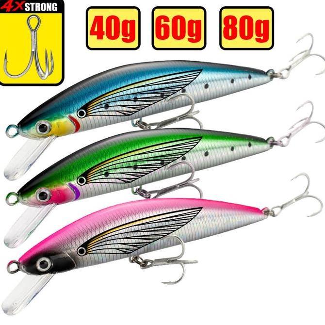 Minnow 40g 60g 80g Big Game Umpan Pancing Casting Target Monster Treble 4x