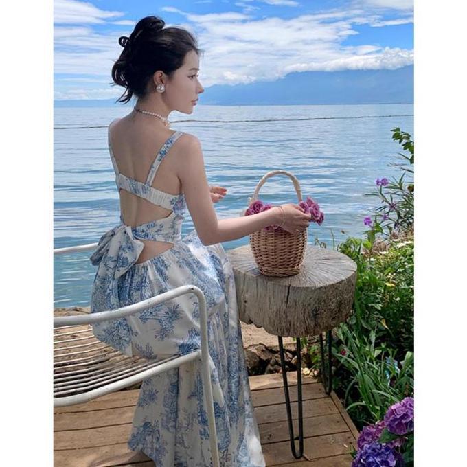MALUKSHURE 25028 long dress biru muda korean style blue dress bunga bunga pantaiwanita terbaru elega