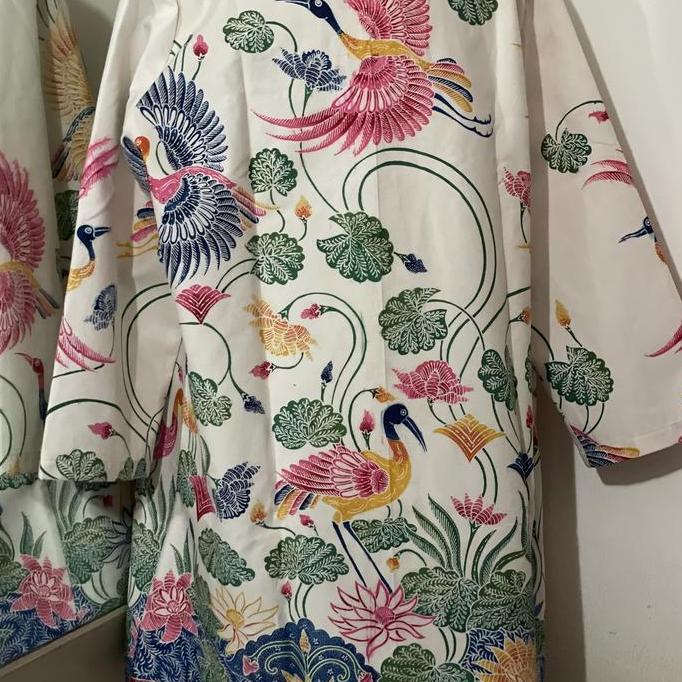 Lurik Akik Batik Outer Long Sleeve Lurik Akik Bahan Batik Cap Pekalongan Putihan Motif Burung Size L