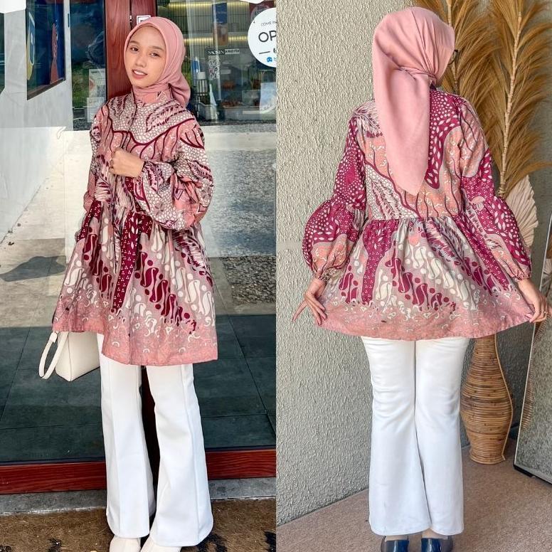 HOT RASARAYA BATIK CHAYA BLOUSE WANITA KATUN - ATASAN BATIK KERJA KANTOR SOFT PINK TANGAN BALON BUSU