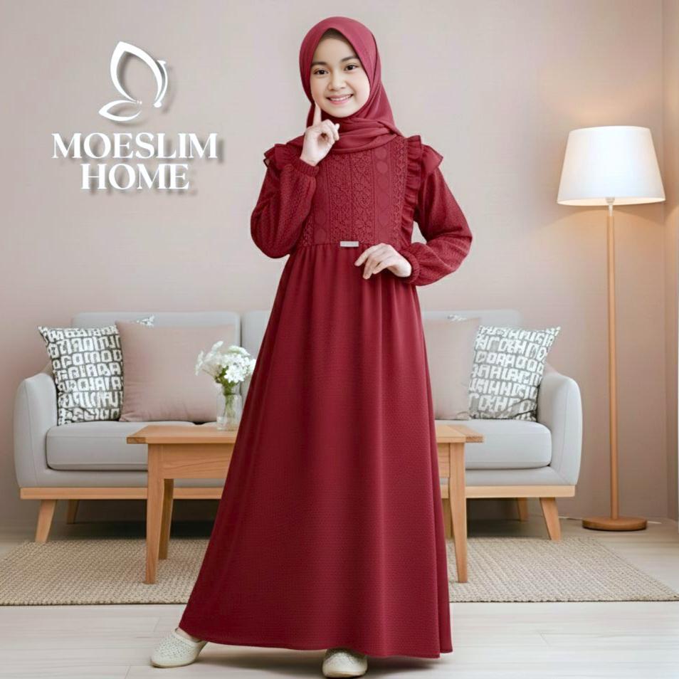 Exclusive Gamis Anak Set Hijab 5-13 Tahun Bahan Crinkle Airflow Import Mix Brukat Malika Gamis Lebar