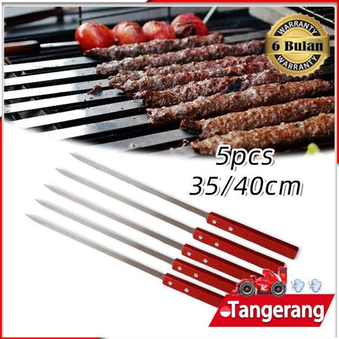 SEIRAKY 5pcs Tusuk Sate Datar / Alat Tusuk Sate Stainless Steel / Tusuk Sate Gagang