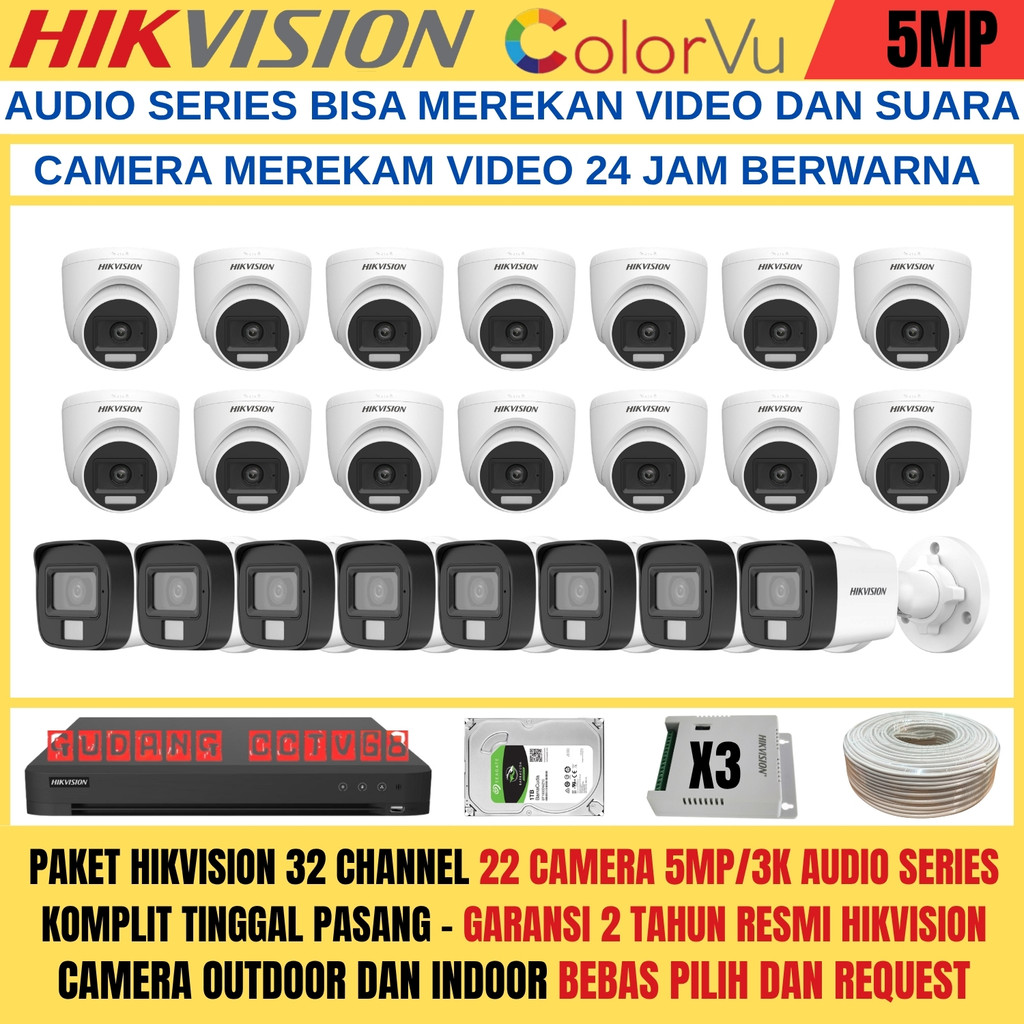 PAKET CCTV HIKVISION DVR 32 CHANNEL 22 CAMERA HIKVISION 5MP FULL COLOUR 3K COLORVU AUDIO SERIES