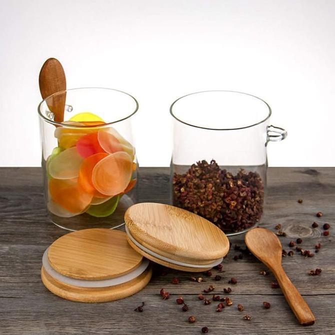 Toples Kaca Free Sendok Tutup Kayu Bambu Tanpa Stiker Tempat Bumbu