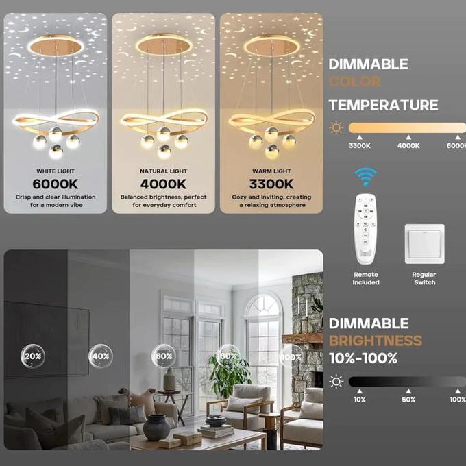 Lampu Gantung Modern Tiga Warna Proyeksi Bintang Remote Lampu Gantung Mewah Emas Lampu Gantung Nordi
