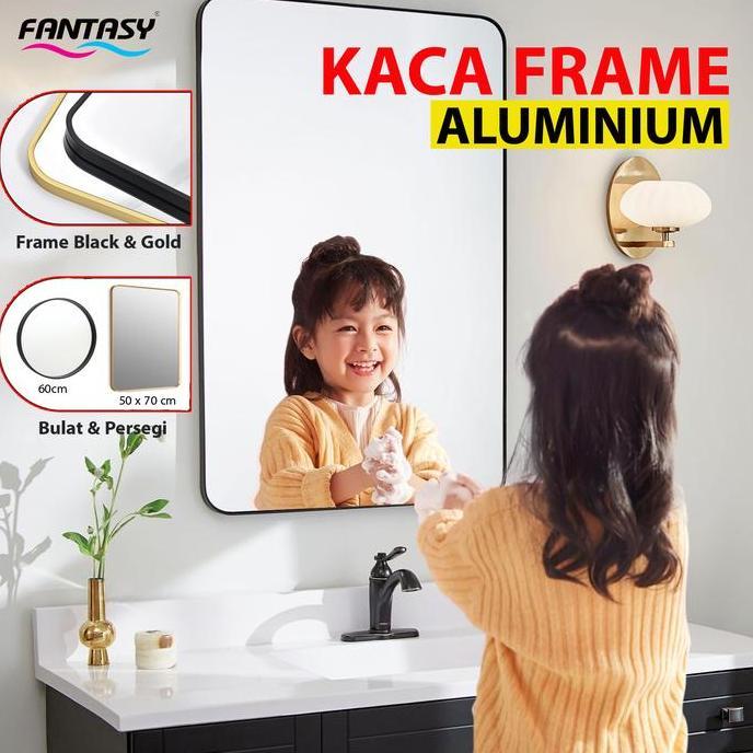 BIG SALE - Fantasy Cermin dinding Bulat Minimalis Industrial Bingkai Besi Aluminium Gold & Hitam dek
