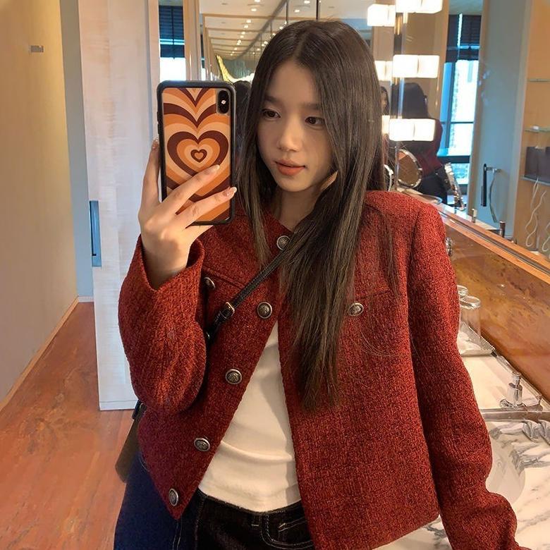 recommended miss emita baju outer merah crop top lengan panjang blazer wanita premium long outer bro