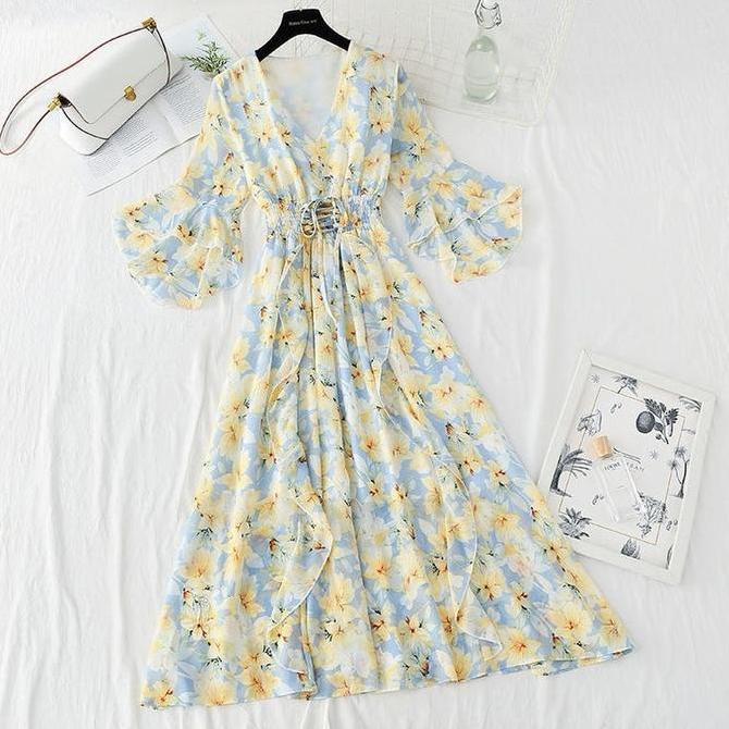 Kleid- D1102 Gentlee Korean Style Floral Vintage Maxi Dress Bumil Hijab Pantai Liburan Manis Jalan B