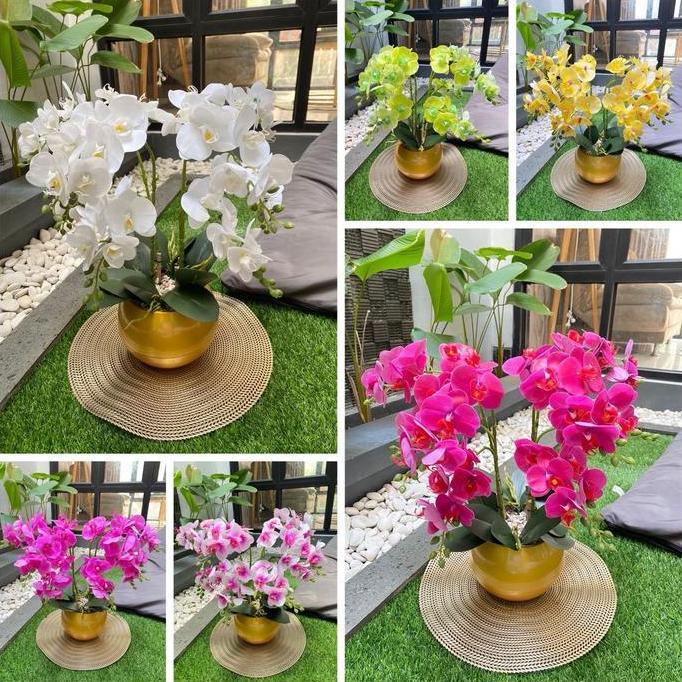 Anggrek Latek Film Premium 8 Cabang Vas Bola Bunga Gold Plastik dengan Batu Coral Diameter 18 cm Tin
