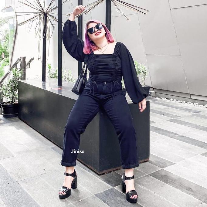 Hose- Jiniso Real Curvy - 1303 Jumbo Boyfriend Highwaist Celana Jeans Wanita Warna Black