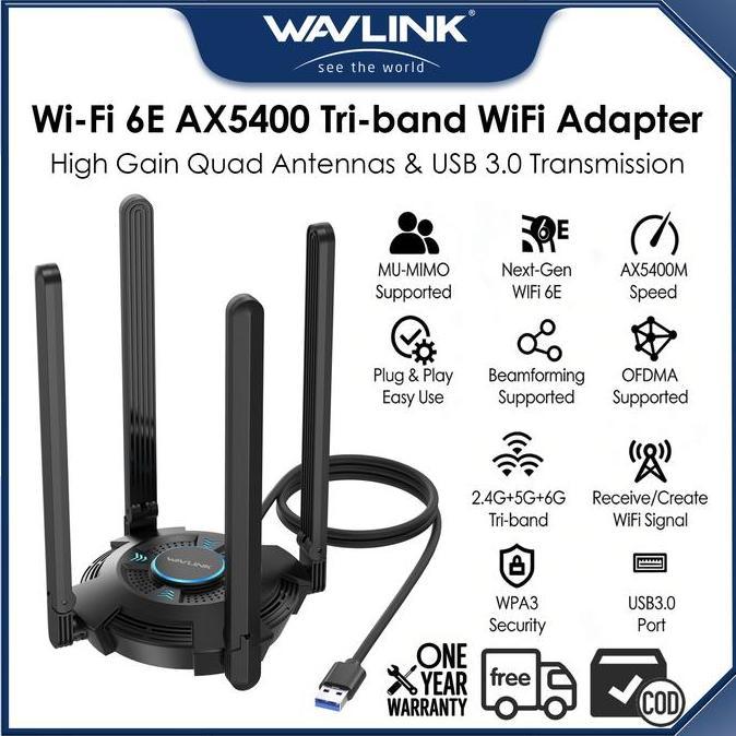 Grosir Wavlink Wn695X2 Adapter Wifi Ax5400 Usb Tri-Band 6Ghz 5Ghz 2.4Ghz 4 Antena 5Dbi Sinyal Kuat M