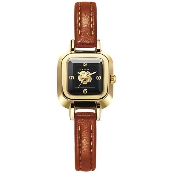 Frau- Jam Tangan Wanita Korea Original Tali Kulit Flower Jam Persegi Kecil Jam Tangan Cewek Watches