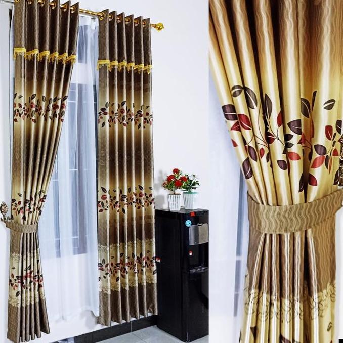 Flmy- Gorden Pintu Jendela Ruang Tamu Minimalis Plus Poni Motif Printing Mewah Pink Dekorasi