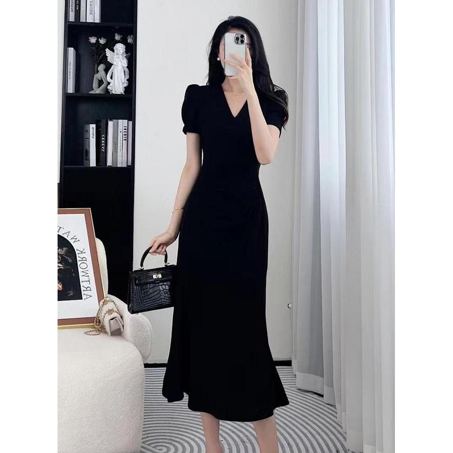 7892 dress hitam panjang big size  prom hitam  pantai terbaru black dress party manis cantik korean 