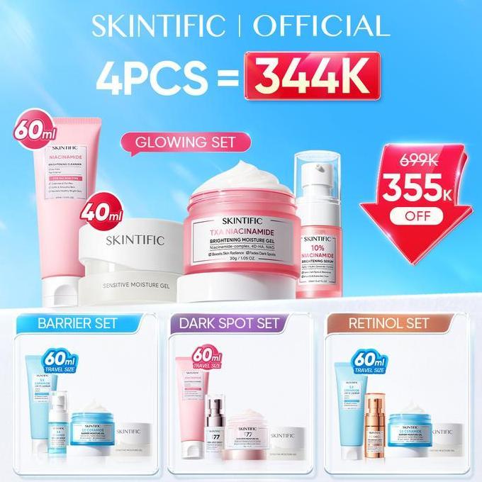 Diskon Gede!SKINTIFIC 4pcs skincare : 60ml facial wash + moistuirizer*2 + serum , skincare 1 set len