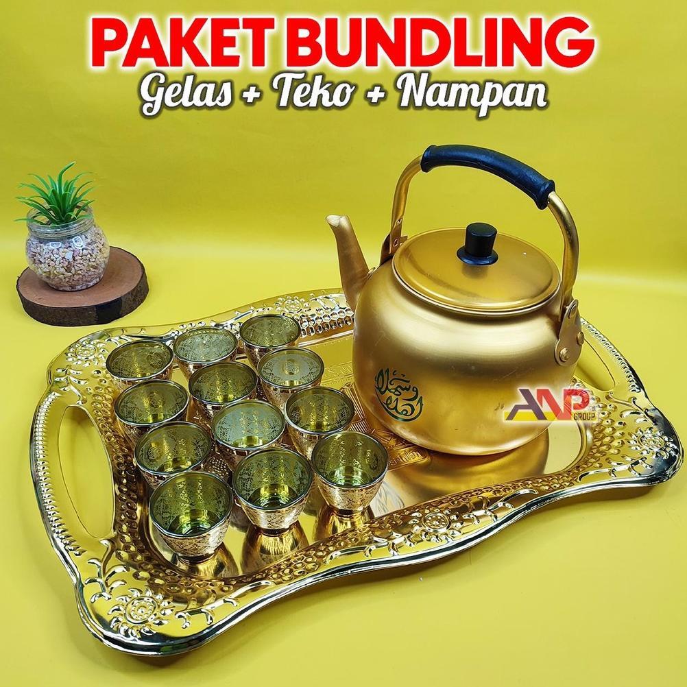 ANP88 Paket Set Bundling Gelas Teko Nampan Khas Timur Tengah Wadah Air Zam-zam / Set Teko Kuningan A