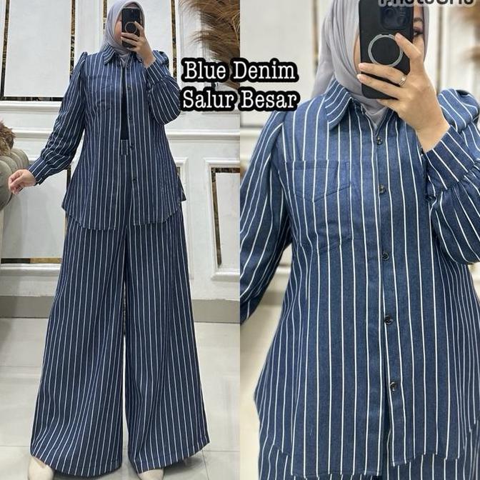 Uprelig- Queenasyari - Adeline Setelan Celana Jeans Jumbo Ld 120-140 Kulot Palazzo / Rok Bahan Soft 