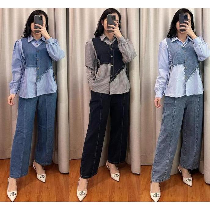 Uprelig- Sh - Alifhia Oneset Jeans Kombinasi Motif Salur Busui Friendly Wanita Kekinian Dewasa Musli