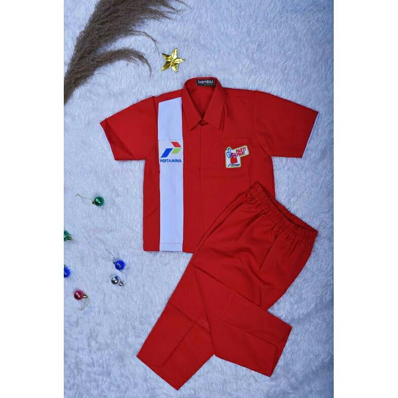 Kostum Baju Pertamina Anak Anak, Setelan Baju Karyawan SPBU untuk Anak Anak