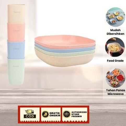 Taberu- [Special Crehom] Freemir Piring 4 Pcs + Gelas 4 Pcs Bahan Serat Jerami Gandum Food Grade Tah