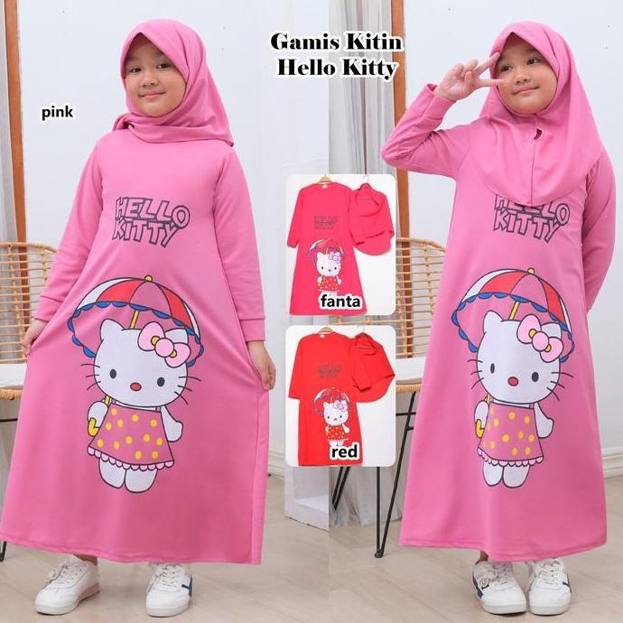 Otokonoko- Kitin - Gamis Anak Set Hijab 2-9 Tahun Motif Hello Kitty Bahan Rayon Licin Tunik Jilbab L