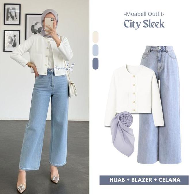 City Sleek One Set Premium (Blazer + Jeans Kulot + Hijab Segiempat) Setelan Wanita Simple Korean Sty