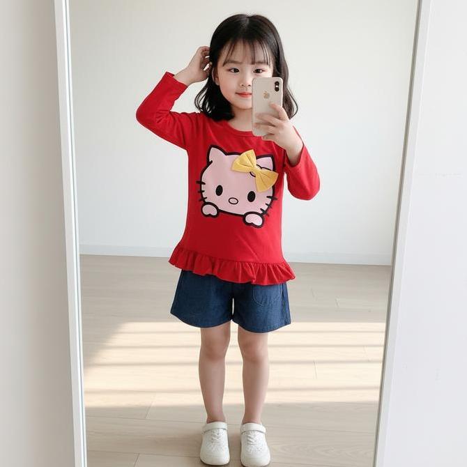Visiru  one set anak perempuan kitty bow setelan ootd anak korean style 1 set outfit kece 1 2 3 4 5 