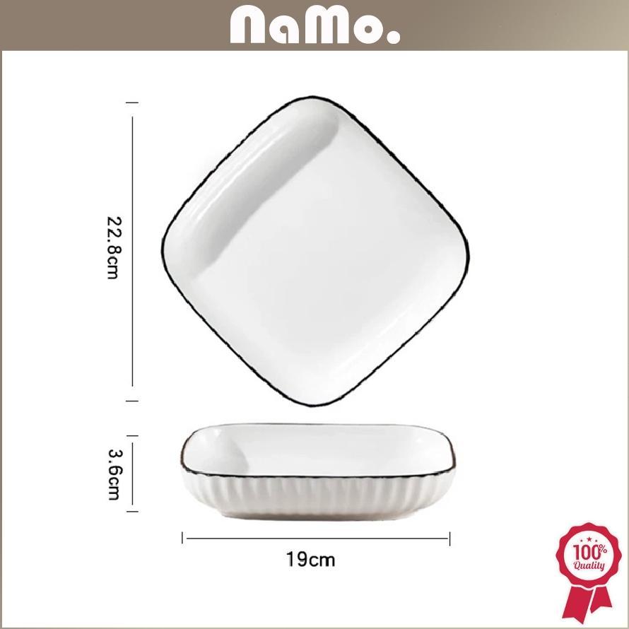 MURAH Namo Gift - Piring Makan Kotak Keramik Putih List Black Yamada Style/ Piring Persegi Japanese 