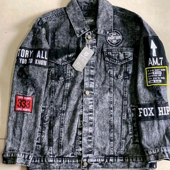 Jaket Jeans Denim biru dan putih motif  Terbaru Pria Wanita Keren Casual Distro, Panjang Cowok Biru 